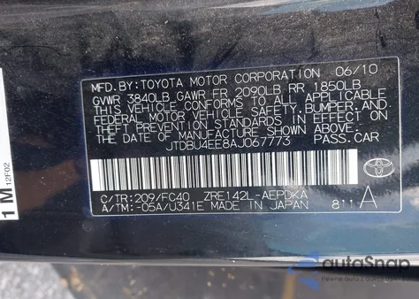 2010 Toyota Corolla Le из США, поврежденный, VIN JTDBU4EE8AJ067773